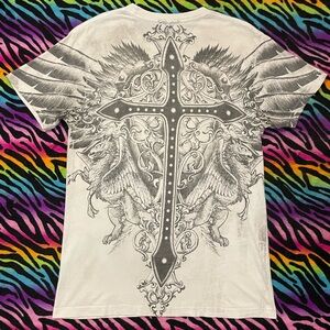 Y2k Grunge Emo Affliction White and Gray Cross Graphic Tee